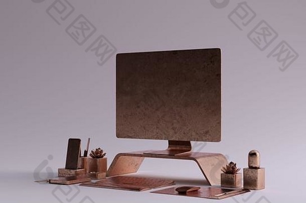 青铜当代桌面设置3d插图3d渲染