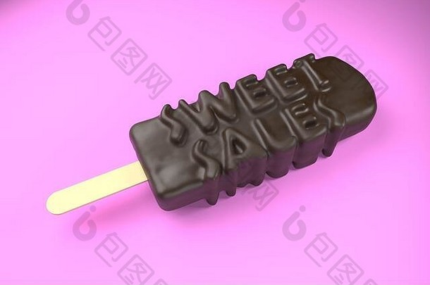 为你的<strong>广告</strong>配上甜美的销售插图，巧克力冰淇淋放在粉红色背景的木棍上。真实感渲染3d插图