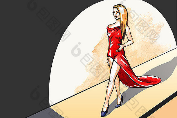 美丽的女模特走在跑道上，展示着红色的连衣裙和火车，水平的背景
