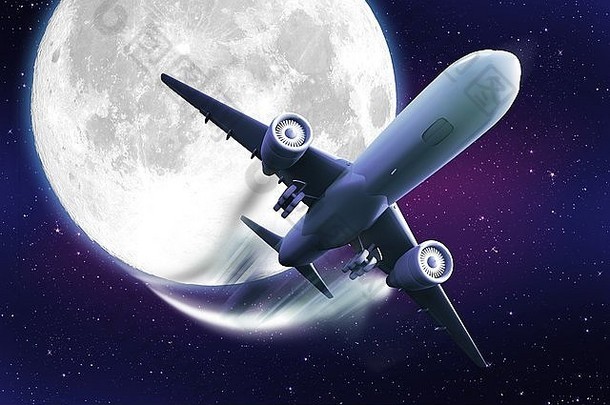 航班。大型客机和背景中的巨大卫星。酷酷抽象飞行主题。五彩缤纷的星空。