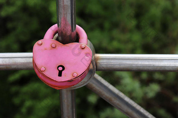 粉红色的挂锁心形状的桥象征永恒的爱公园绿色自然背景