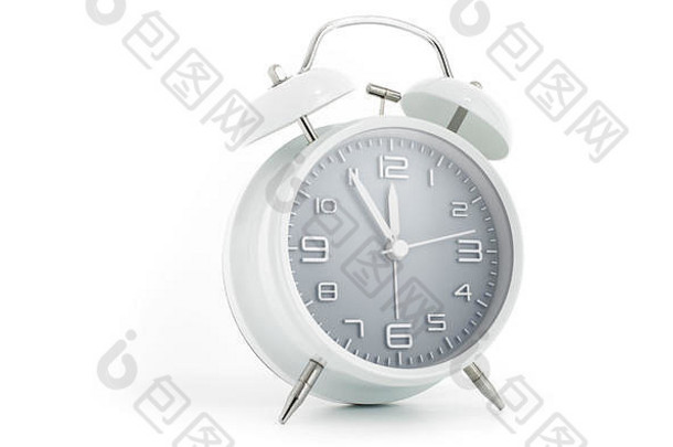 双钟模拟闹钟显示时间5到12，灰色钟面，上午11点55分，下午11点55分，白色背景