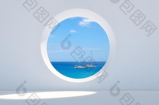 热带岛屿-带圆窗的白色房间。