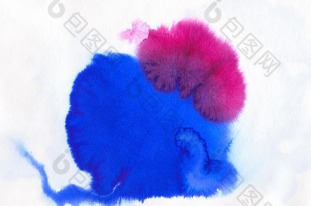 蓝色的紫罗兰色的红色的丙烯酸水彩绘画艺术摘要背景溅油漆墨水下降染色