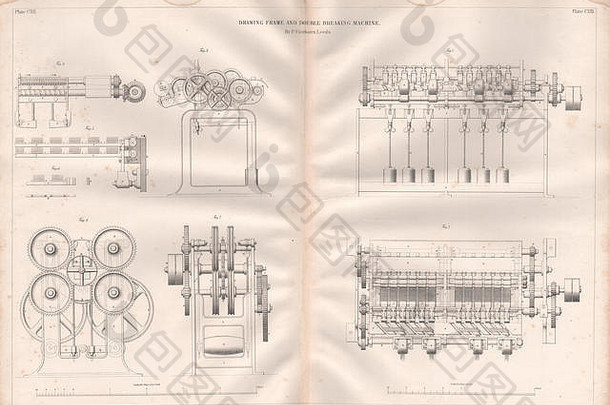 19C工程图。并条机和双断机。费尔拜恩1847