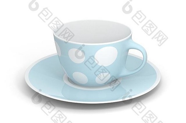 茶碟上的孤立空古典瓷白茶杯，白色背景上有简单的浅蓝案。模拟餐具。三维插图。