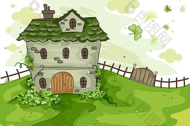 三叶草环绕的房子的插图