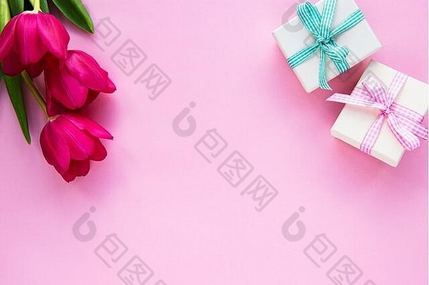 美丽的郁金香花束和粉红色粉彩背景的礼盒