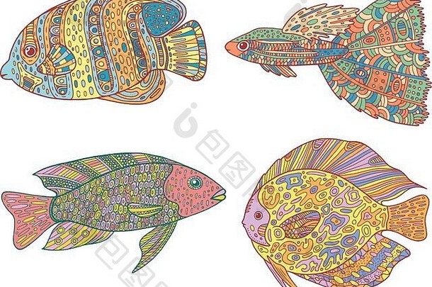 涂鸦zentangle鱼集Zen艺术着色页面成年人集合