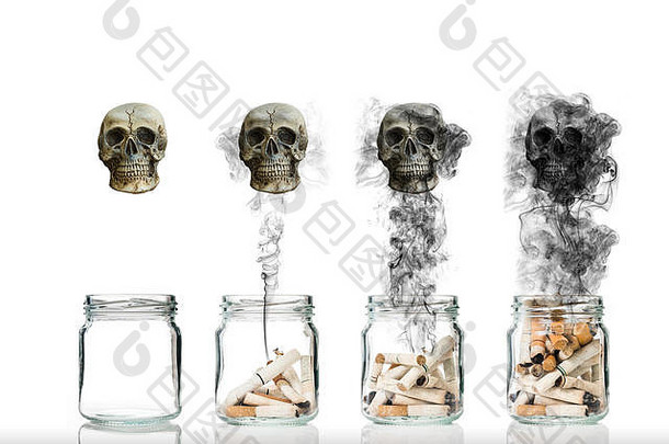 烟蒂在瓶子里用烟燃烧着生命的头骨，世界无烟日