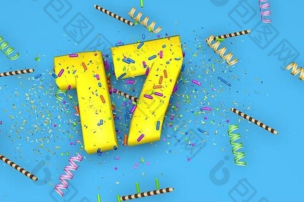 生日、周年纪念日或促销活动的17号，用厚厚的黄色字母写在蓝色背景上，用糖果、彩带、巧克力吸管和糖果装饰