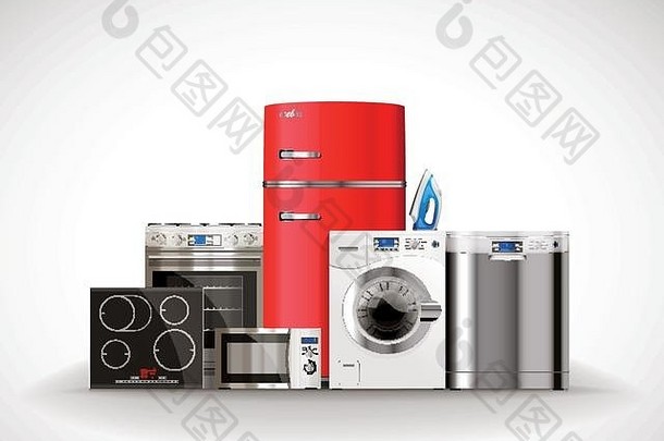 厨房和家用电器：微波炉、洗衣机、冰箱、煤气炉、洗碗机、熨斗股票插图