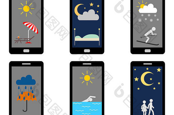 智能手机上的各种天气符号和休闲活动