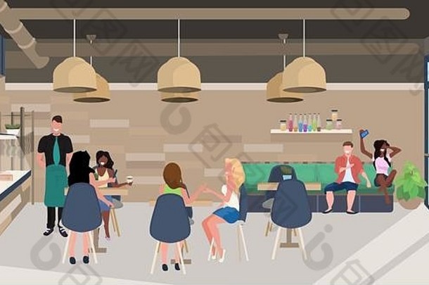 混血儿坐在咖啡桌旁的人访客一起消磨时光侍者服务客户现代餐厅内部平面水平全长