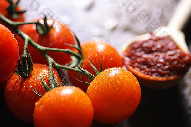 用新鲜的樱桃西红柿做树枝。成熟的红色西红柿。西红柿