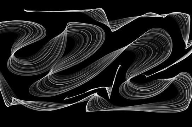 3D渲染的白色波浪看起来像黑色背景上的烟雾