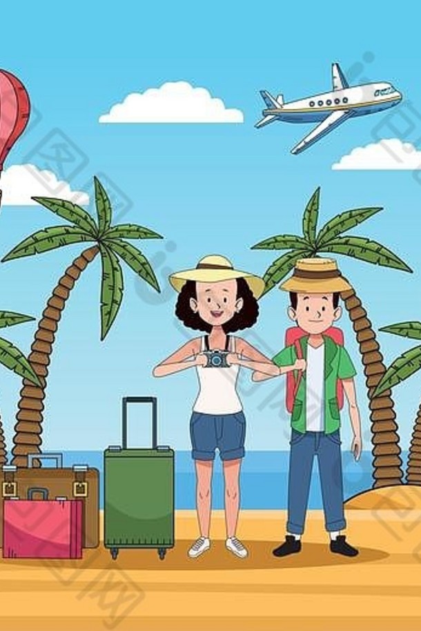 旅游夫妇海滩手提箱