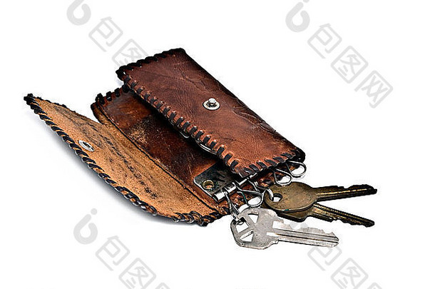 一个旧的手工皮革钥匙钱包。
