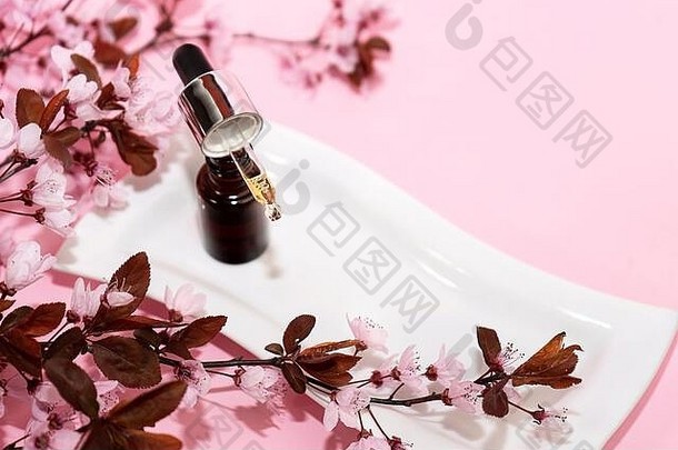 Herbal石油血清下降瓶樱桃花朵樱花粉红色的背景至关重要的自然石油脸身体有机布局