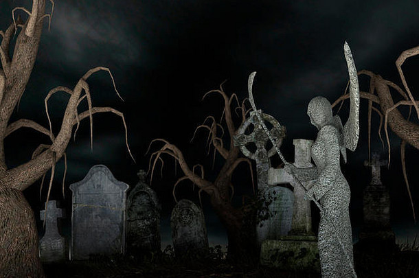 死亡天使在夜间幽灵般的墓地-3d渲染