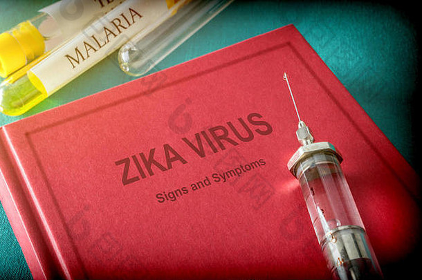 Zica病毒书上的老式注射器，医学概念