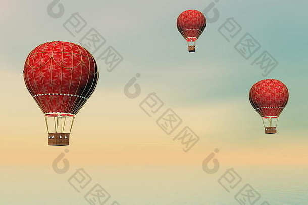 古董红色的热空气气球日落渲染