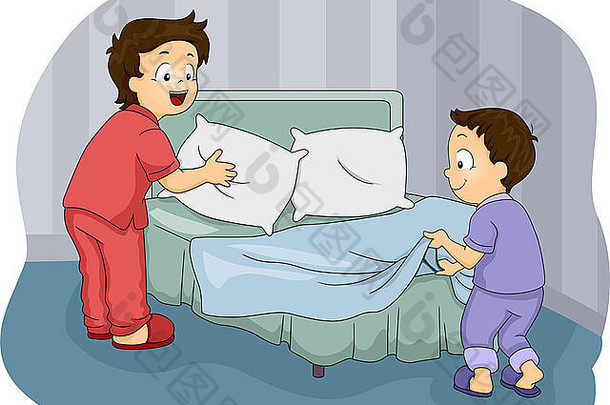 两个小男孩整理床铺的插图
