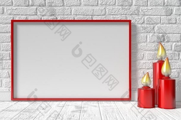 白色砖墙上的空白画框和<strong>红色</strong>烛台。模拟三维渲染插图