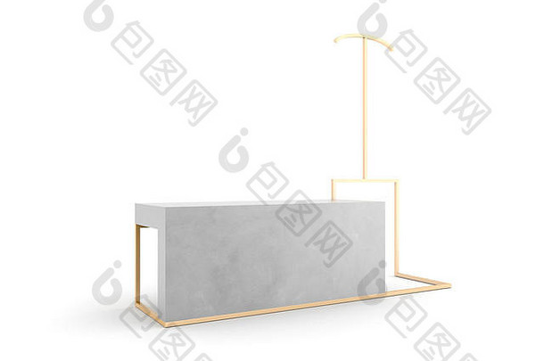 由金色钢板和卡拉拉大理石制成的空白豪华显示器；3d渲染原始设计，白色隔离