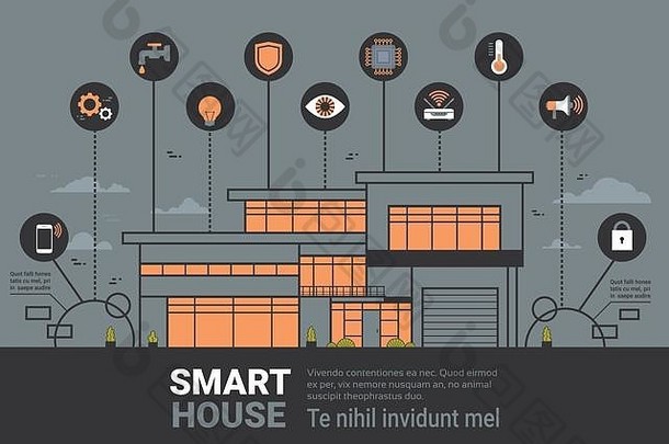 聪明的首页infographics横幅现代房子无线控制技术系统概念