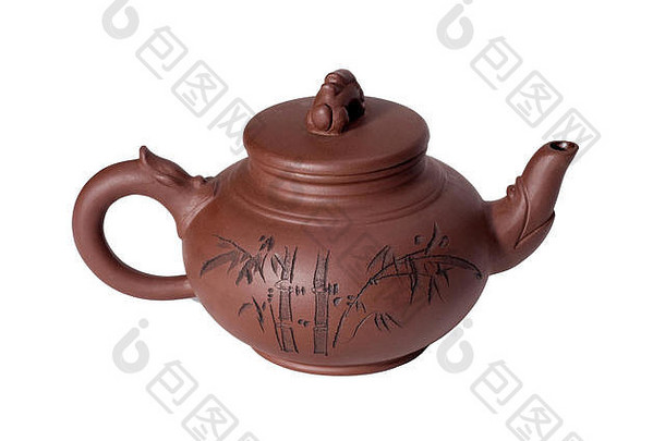 棕色装饰陶瓷茶壶，用白色背景上的绘画装饰物装饰。