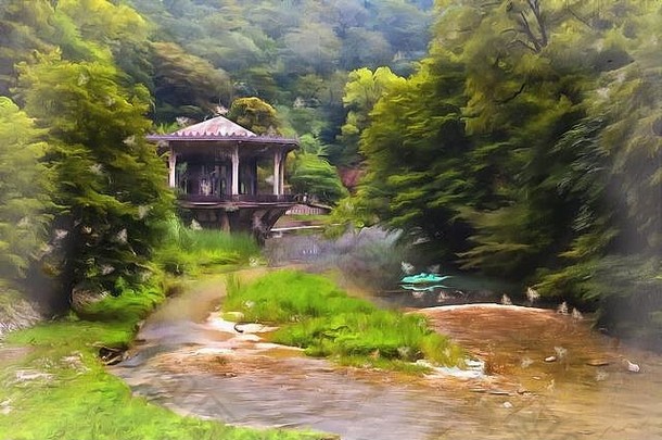 美丽的山水与亭子上的水彩画如画