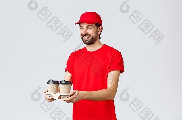 食物交付检疫保持首页订单在线概念友好的快递红色的统一的帽t恤将咖啡客户带