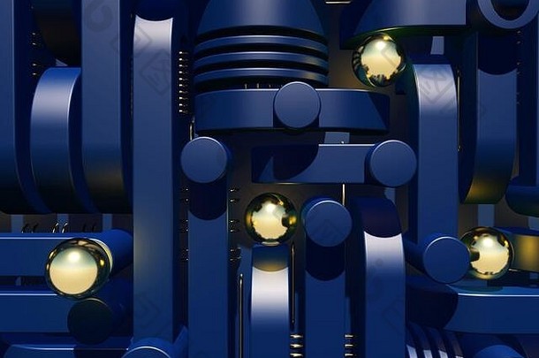 蓝色的工业技术抽象闪亮的金球连接管道插图