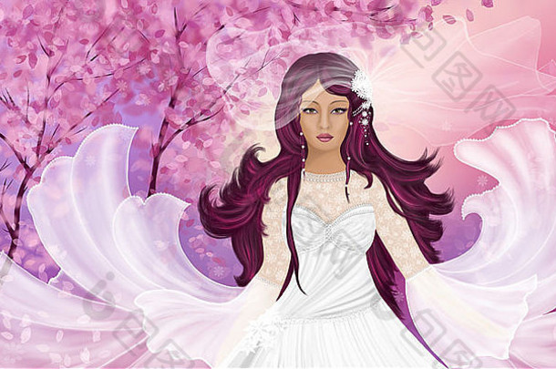 画插图新娘白色衣服背景粉红色的开花树