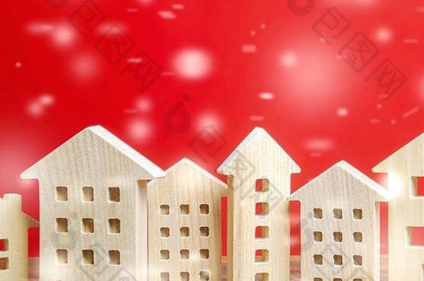 微型木房子雪花红色的背景圣诞节折扣真正的房地产销售一年圣诞节冬天假期装饰