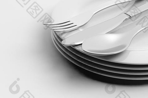 白色<strong>背景</strong>上的一堆盘子和餐具。三维插图