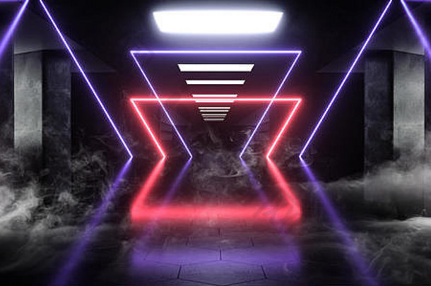 烟未来主义的sci现代霓虹灯灯蓝色的紫色的发光混凝土列圆形状技术示意图芯片纹理反光黑暗隧道小豆
