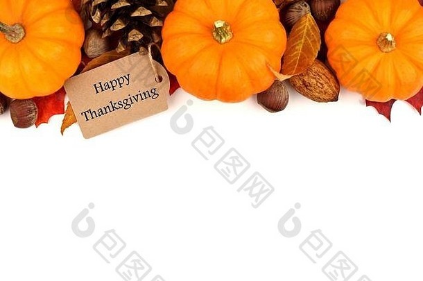 “感恩节快乐”标签，顶部有南瓜、树叶和坚果，白色标签上有独立的秋季边框