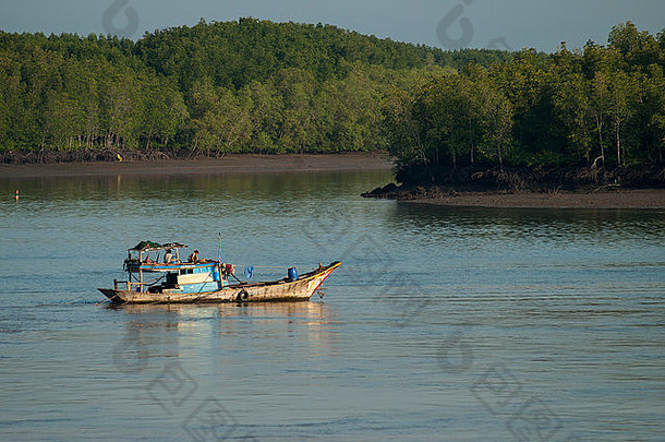越南胡志明市附近西贡河里的渔船