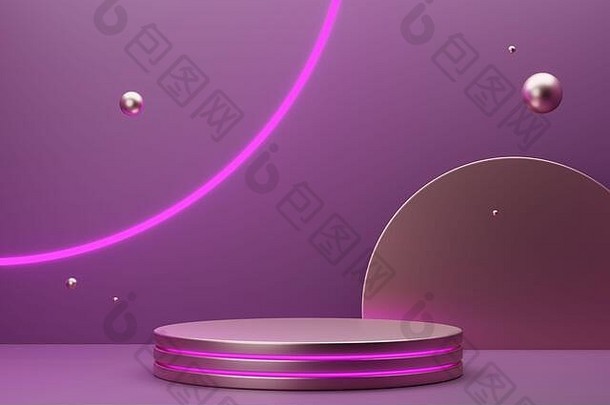 粉红色的金属多层讲台上化妆品霓虹灯框架球体前面视图呈现
