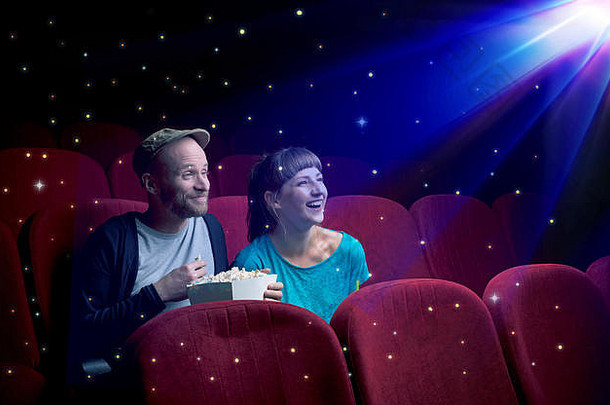 一对可爱的情侣在看3D电影，身边有闪闪发光的小星星