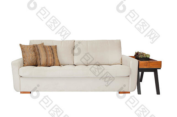 座位舒适的米色织物沙发孤立的白色背景
