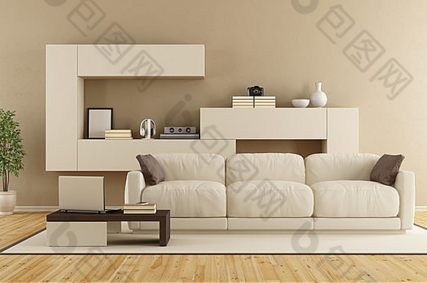 极简主义生活房间现代沙发墙单位呈现