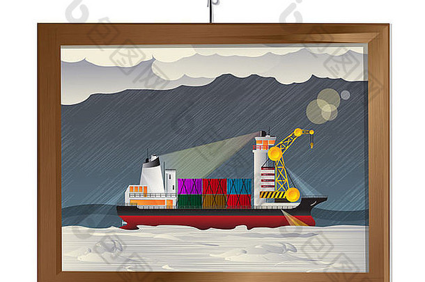 带有风暴中船舶图形的真木制框架。