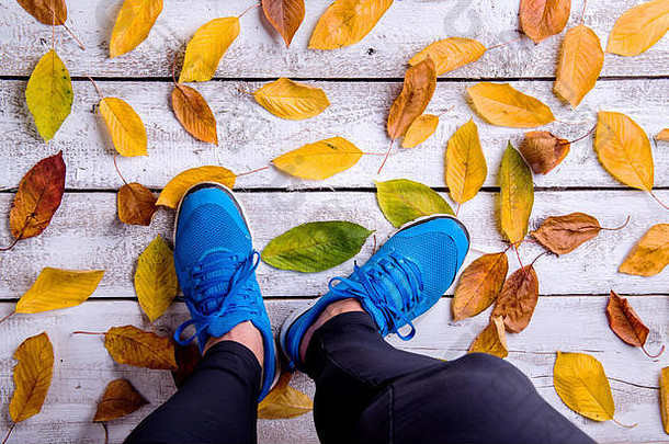 腿<strong>跑步</strong>者蓝色的体育鞋子色彩斑斓的秋天叶子