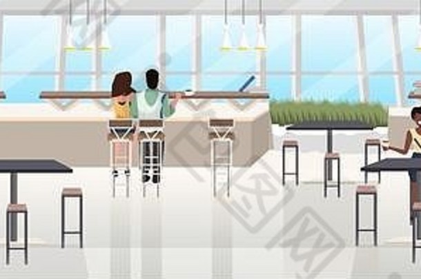 混合比赛人喝咖啡支出时间餐厅现代咖啡馆室内平水平横幅完整的长度