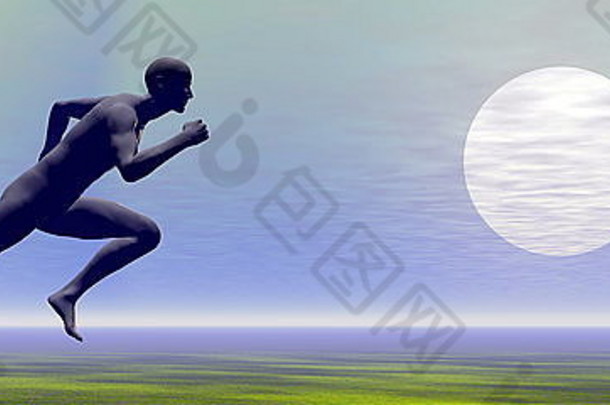 男人。短跑运动员晚上完整的月亮