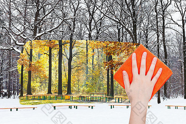 季节概念-从图像中用橙色的布手工删除冬季城市公园，黄色的秋天森林正在出现