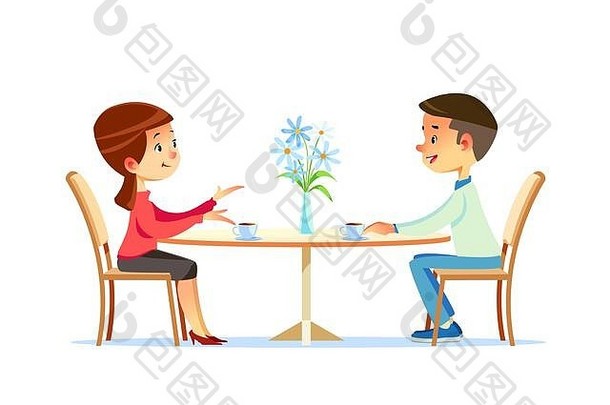 一对可爱的情侣坐在桌旁，喝茶或咖啡，聊天。年轻有趣的男女在咖啡馆约会。浪漫主义者之间的对话或对话